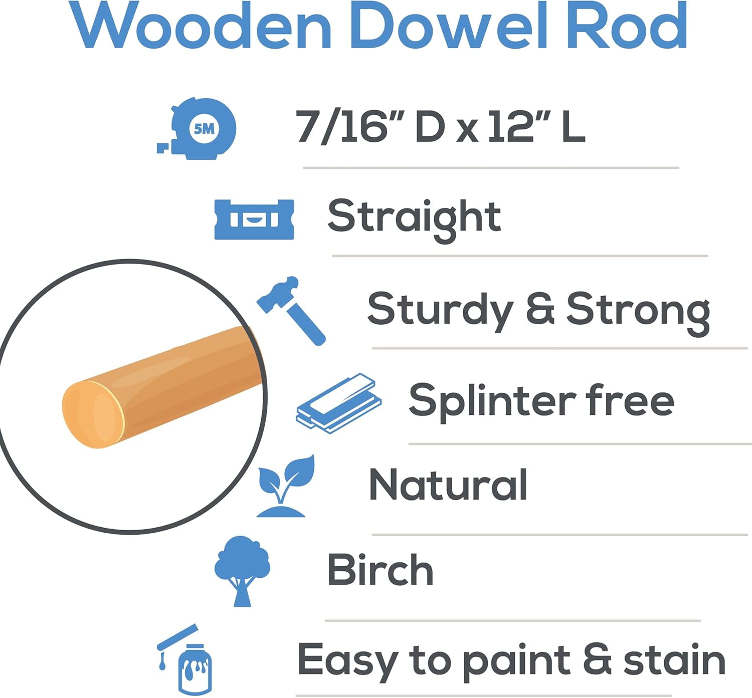 Dowel Rods Wood Sticks Wooden Dowel Rods - 7/16 x 12 Inch Unfinished Hardwood Sticks - for Crafts and DIYers - 10 Pieces by
