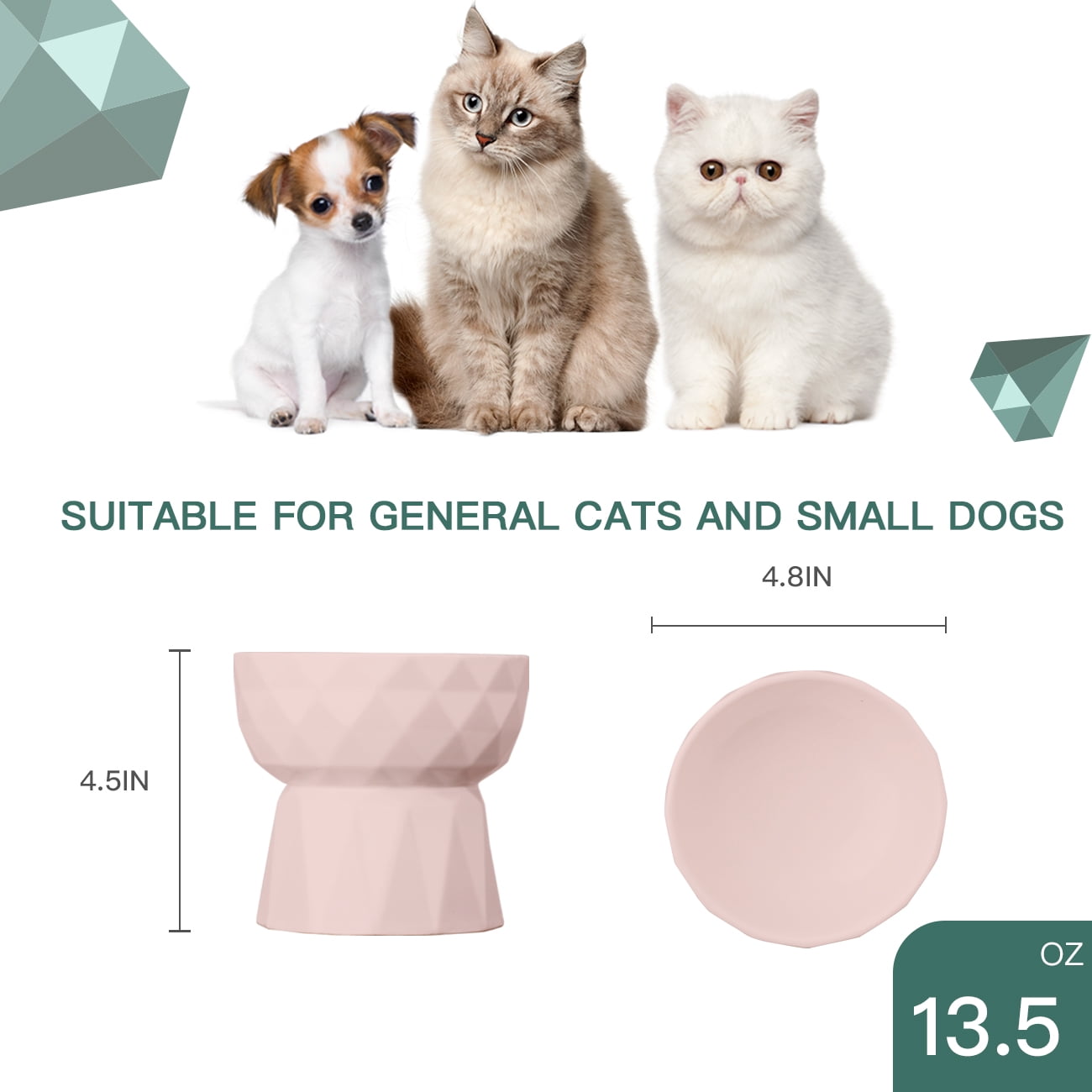 Frewinky Cat Bowls,Ceramic Cat Bowls Anti Vomiting,Raised-Cat Food and Water Bowl set for Cats and Small Dogs,13.5 Oz，Pink