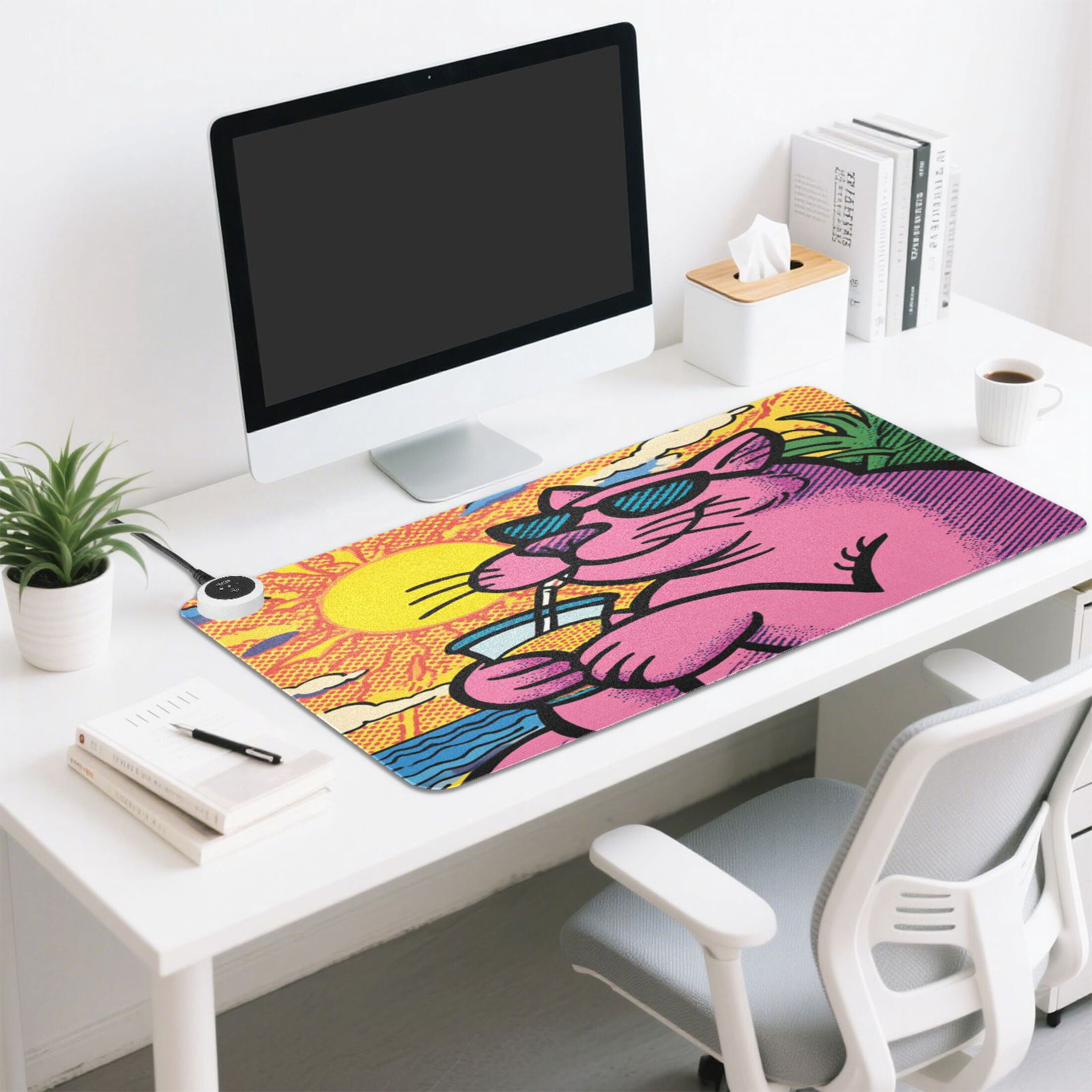 Large Heated Desk Mat Mouse Pad 31.5"x13"PU Leather Graphene Heating Desk Warmer with 3 Temperature Settings 110V US Plug Non-Slip Warm Pad for Home, Office, and Gaming Cartoon Cool Pink Cat