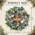 thumbnail image 2 of 24 Inch Artificial Christmas Wreath with “Welcome” Wood Sign, Frosted Greenery, White Berries, Pinecones and Star Accents, Holiday Door Decor with Hanging Hook, 2 of 9