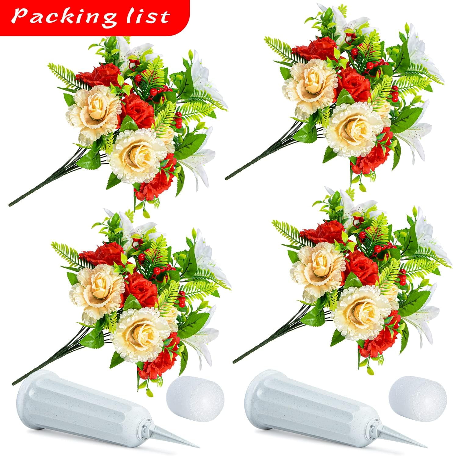 Cemetery Flowers, Set of Artificial Flowers Bouquet Grave Memorial Flowers with Vase for Cemetery Headstones Graveyard Decoration (White Lily)
