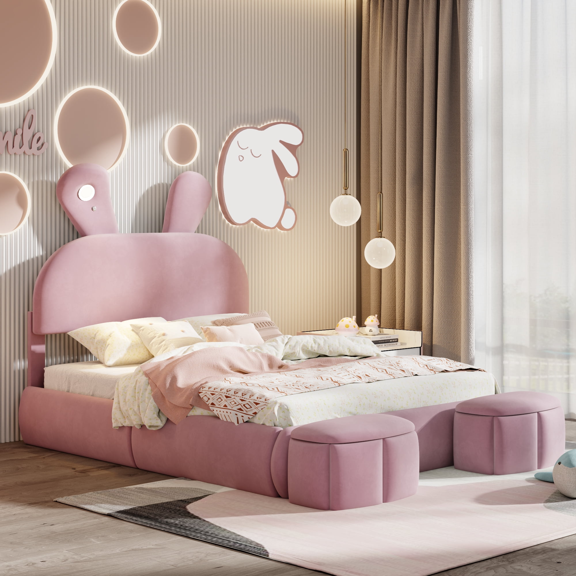 Mintazer Full Size Upholstered Bed with Bunny Ears Shaped Headboard, Platform Bed with LED Light & Storage Stools for Kids Adult Girl Bedroom Apartment, Pink