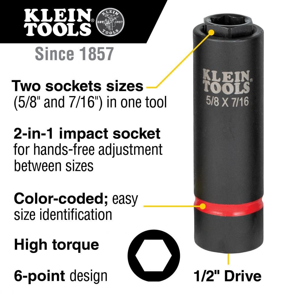 Klein Tools 66062 5/8 in. and 7/16 in. 2-in-1 6-Point Impact Socket