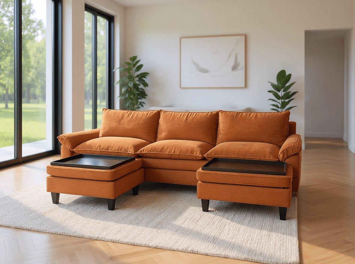Gewnee Sectional Convertible Sofa U Shaped Modular Couch with Double Movable Tea Table Ottoman Corduroy Oversized Sofa Couch