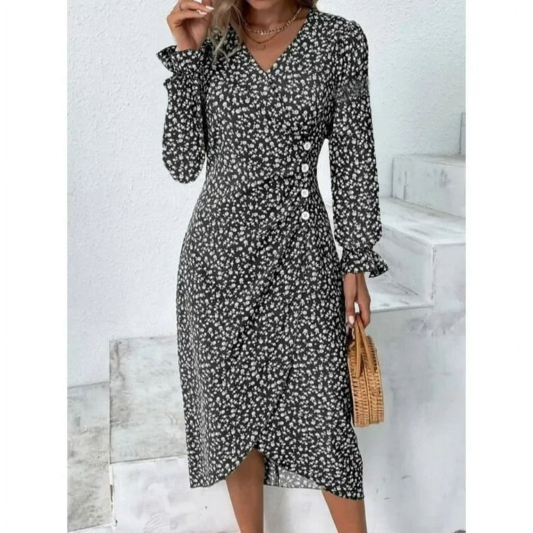 floral pleated wrap dress Bright Yellow Floral Pleated Wrap Summer Dress, Casual Midi Dresses 2025 Spring Summer Dresses 2025