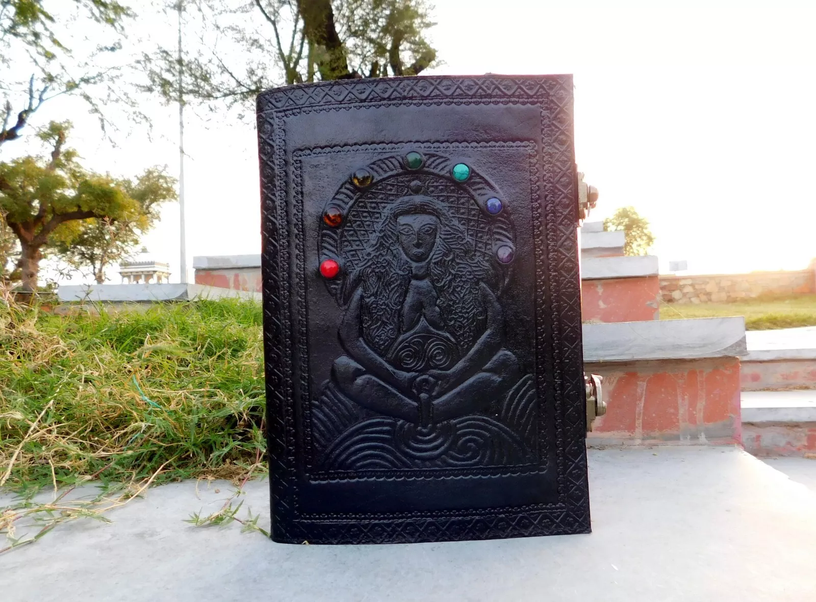 Handcrafted Embossed Vintage Design Leather Bound Journal Diary 7 Stone Grimoire Spell Blank Notebook For Men & Women