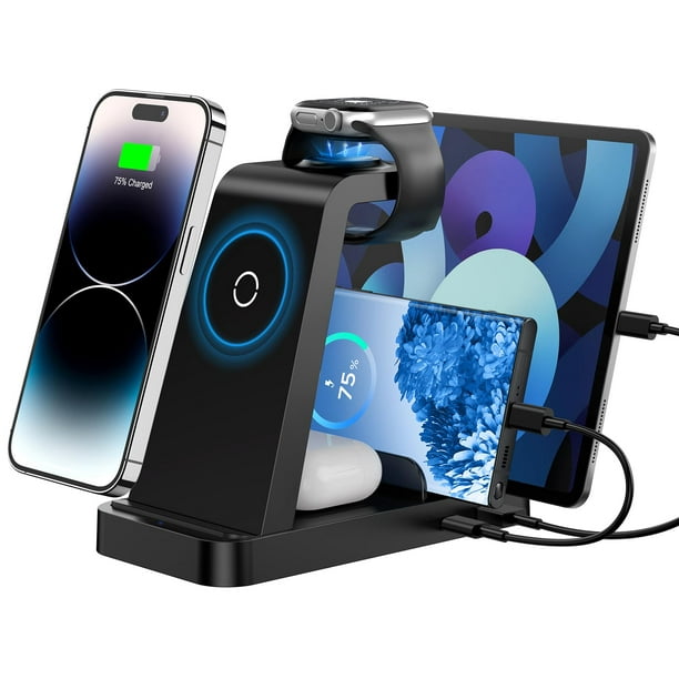 GAUOLN Cargador Inalámbrico para iPhone - Estación de Carga 5 en 1 para Múltiples Dispositivos Apple: Base de Carga Inalámbrica Rápida para iPhone 14 13 12 Pro Max Apple Watch Airpods, Negro