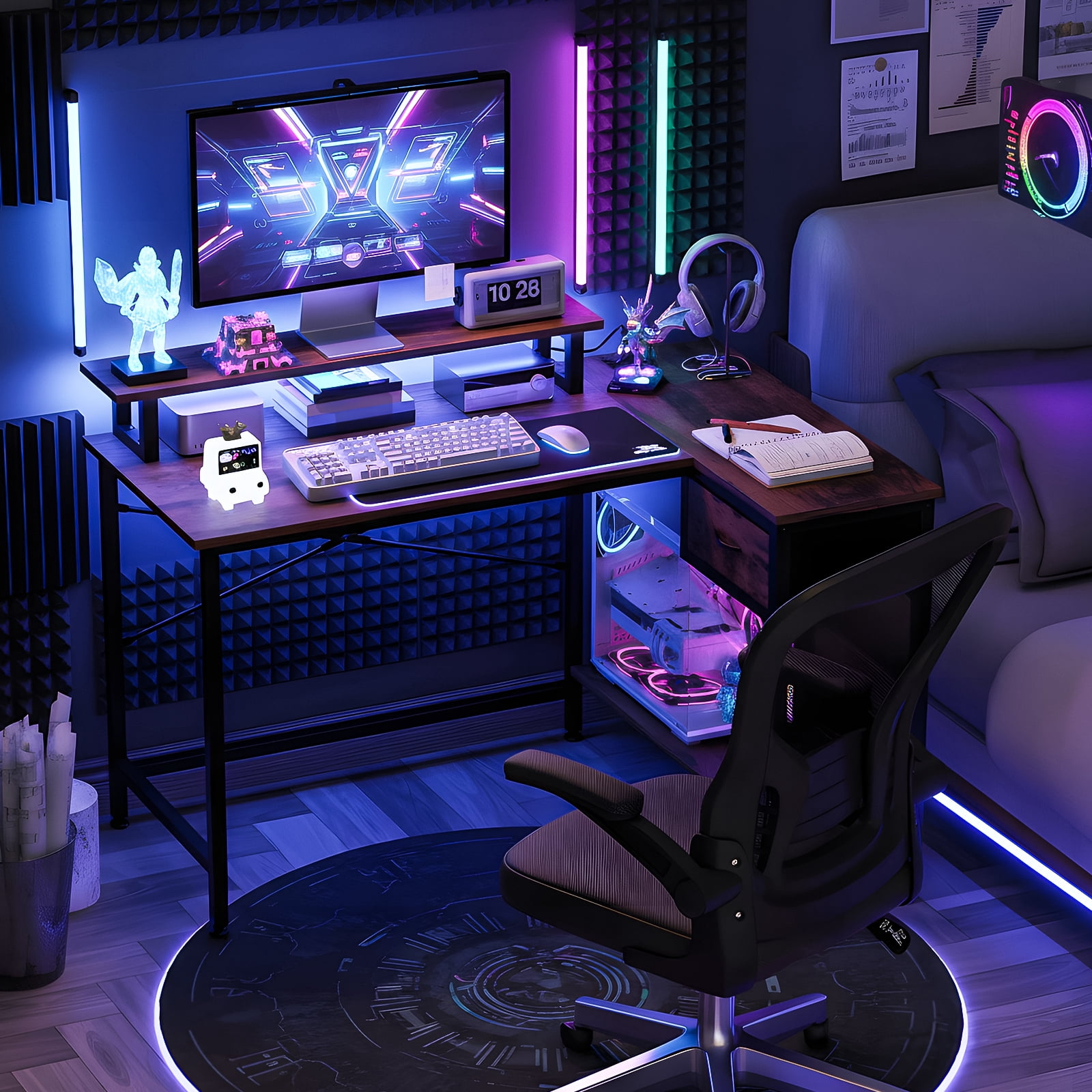 Fairy L Shaped Gaming Desk with Power Outlets and LED Lights, 43 Inch Computer Desk with Charging Port (Rustic Brown)