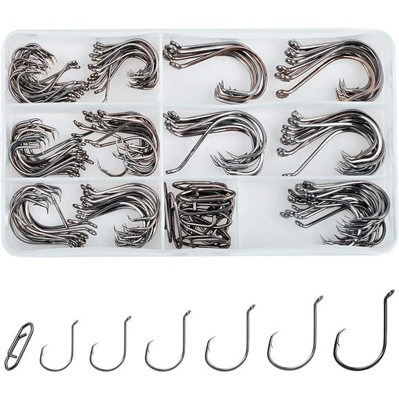 Circle Hooks Saltwater Fishing Hooks, Catfish Hooks Kit 2X Octopus Offset Fish Hooks with Power Clips Assortment High Carbon Steel Bait Hooks Fishing Gears for Freshwater Saltwater