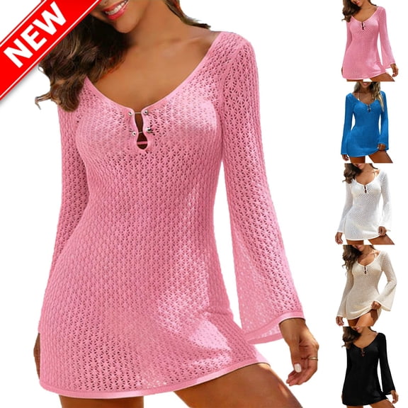 YABCSAZ Swimsuit Cover Up for Women Plus Size Crochet Bathing Suit 2026 Beach Vacation Clothes Summer Swimwear Long Sleeve V Neck Mesh Knit Dress