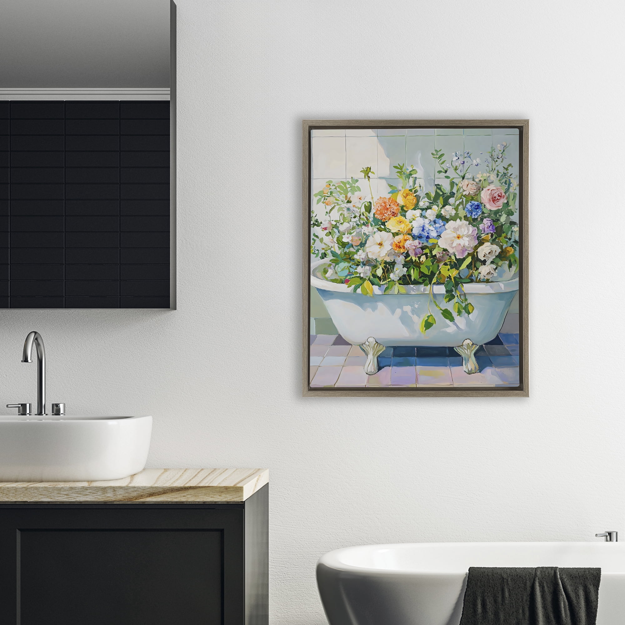 Stupell Industries Vintage Bathtub Bouquet Overgrowth Brown Framed Floater Canvas Wall Art, design by The Prints Vibe
