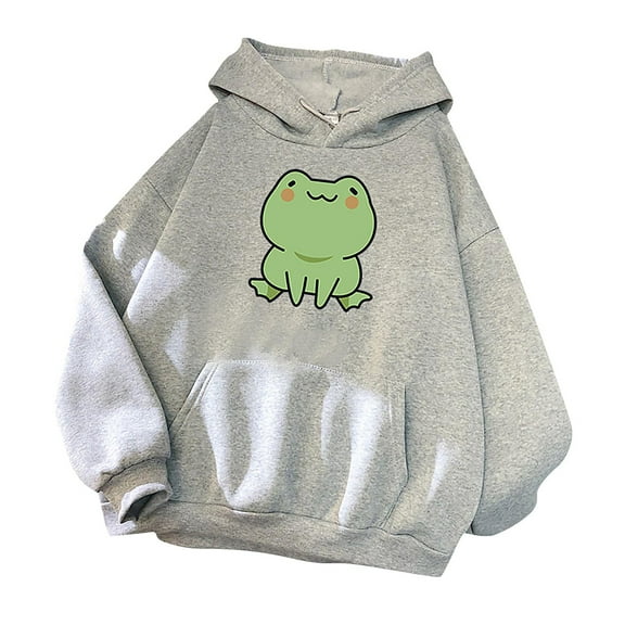 jsaierl Womens Cute Cartoon Frog Print Hoodies Long Sleeve Pullover Drawstring Hooded Sweatshirts