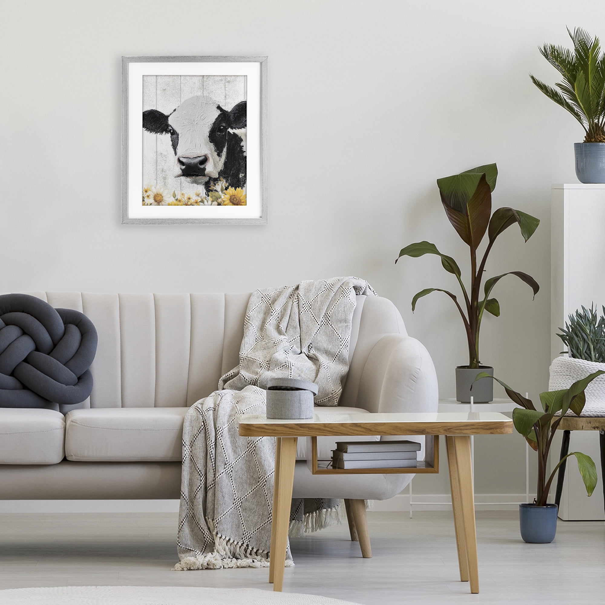 Stupell Industries Cow and Sunflowers Gray Framed Print Under Glass, design by Christine Simpson Art