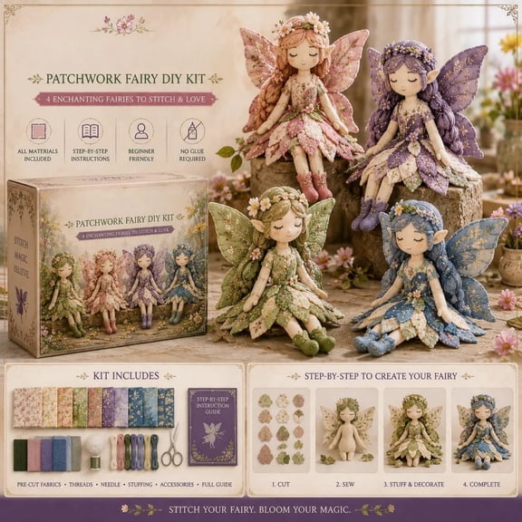 Fairy Patchwork DIY Kit - Flower Fairies - 2026 Fun Patchwork Sewing Collection, Handcrafted Pixie Apparel Textile, Artisanal Fabric Nymph Project, Creative Manual Sewing Craft for Girls