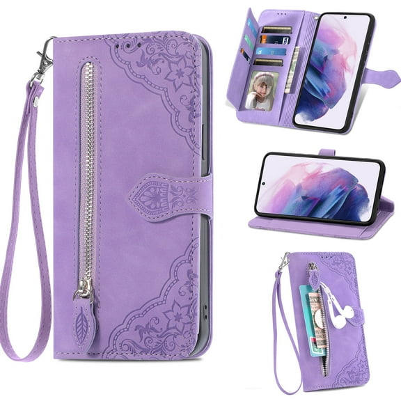 Samsung Galaxy S23 Wallet Case,Embossed Flower PU Leather Folio Flip Protective Zipper Cover with Wrist Strap RFID Blocking Card Holder Kickstand Case for Galaxy S23 6.1" 2023, Purple