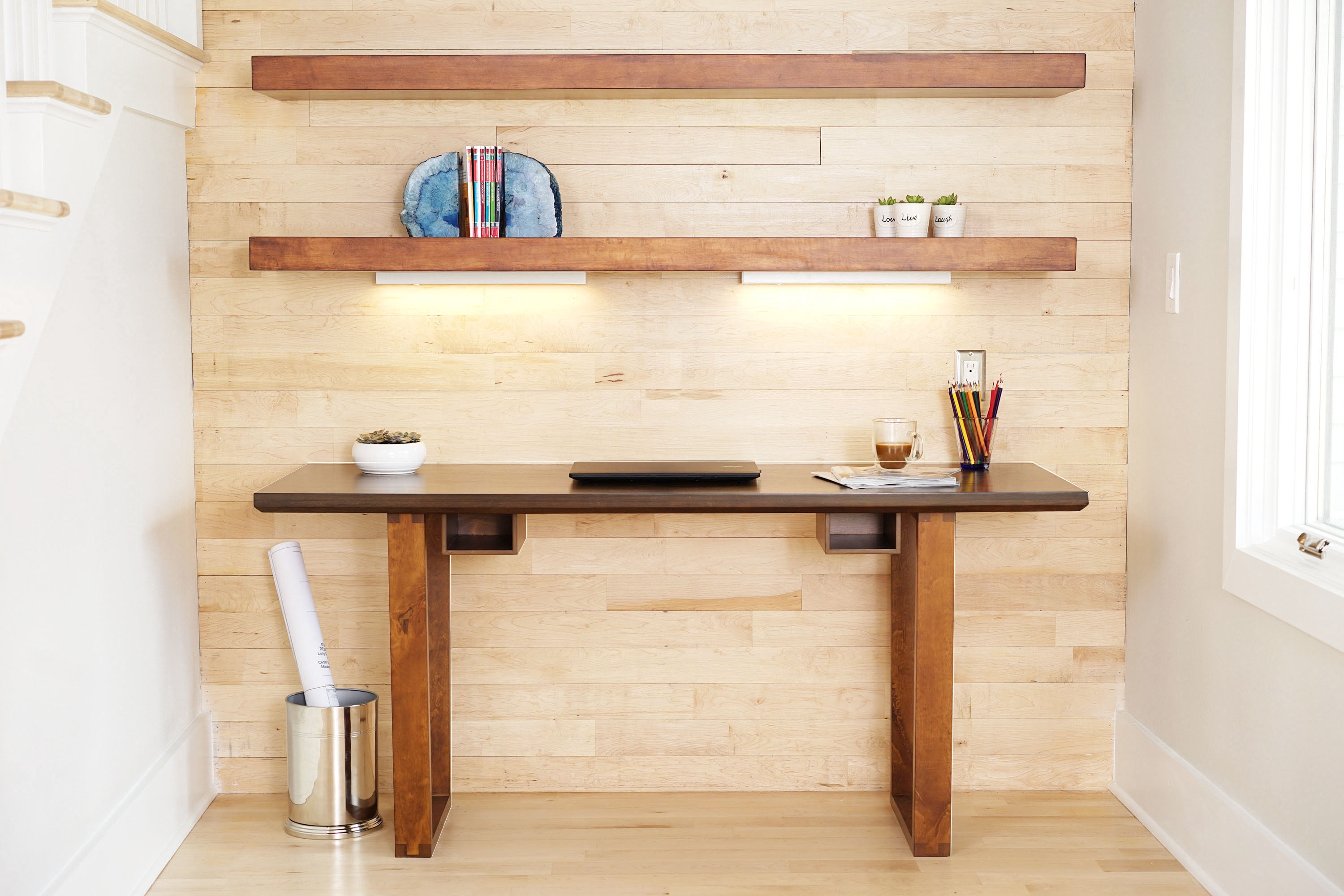 Posh Pollen - Arden Desk - Modern Wood Desk with Open Storage and Trapezoid Legs