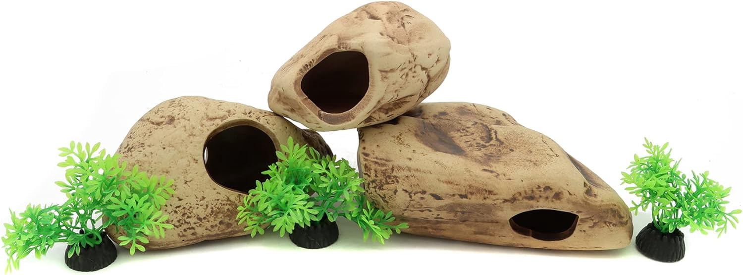 Stackable Aquarium Ceramic Decorations Rock Caves,Betta Fish Tank Decor Accessories,Hideaway for Shrimp Cichlid Hiding Breeding Spawning (Set of 3)