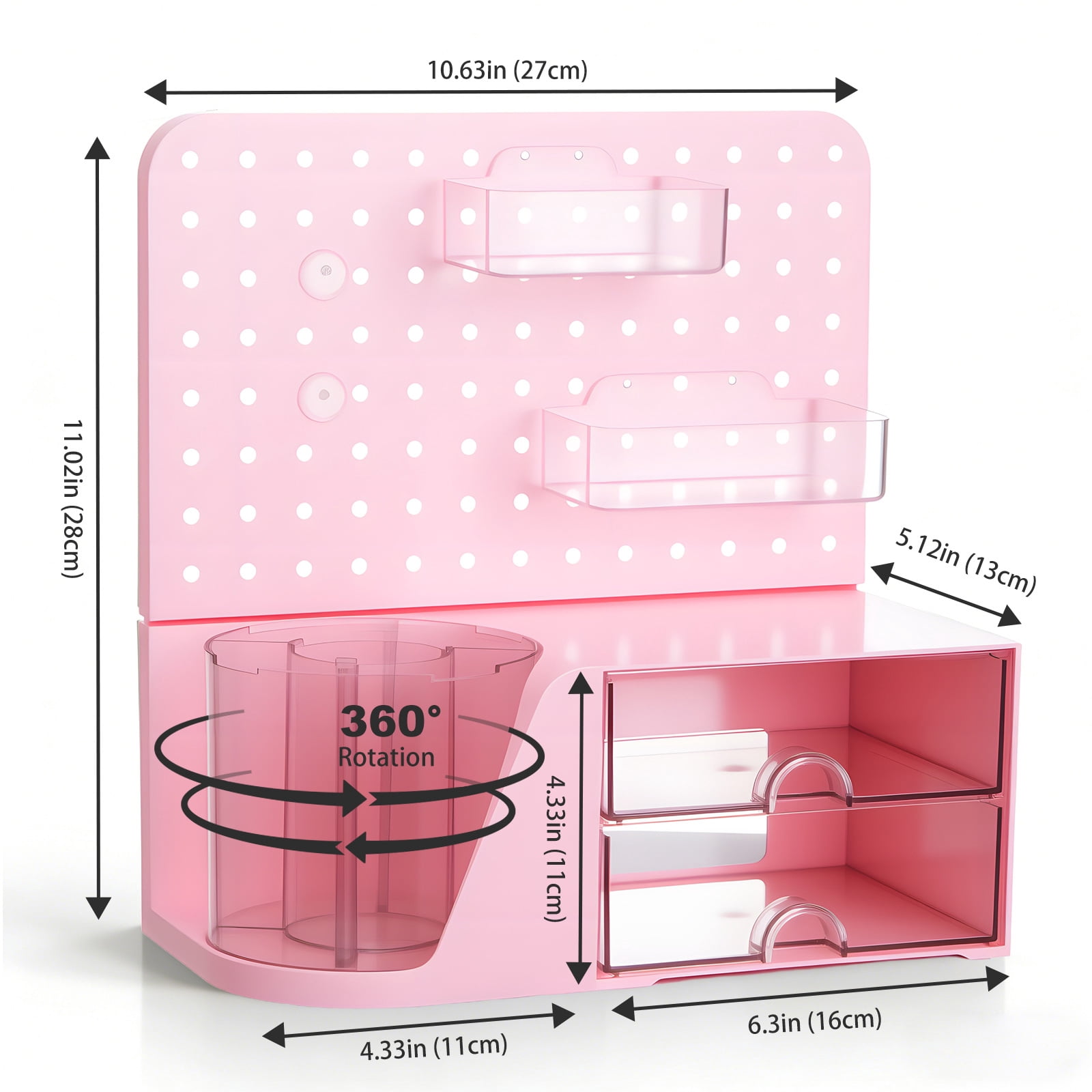 Vivin Desk Organizer, Small 2 Drawer Unit and Pen Holders, Multi-Purpose Pegboard organizer For Home Office, Pink