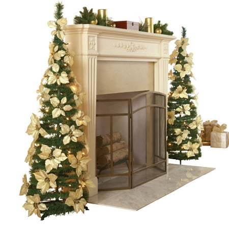 Collections Etc. Lighted Holiday Poinsettia Pull-Up Christmas Tree with White Poinsettias, White Lights and