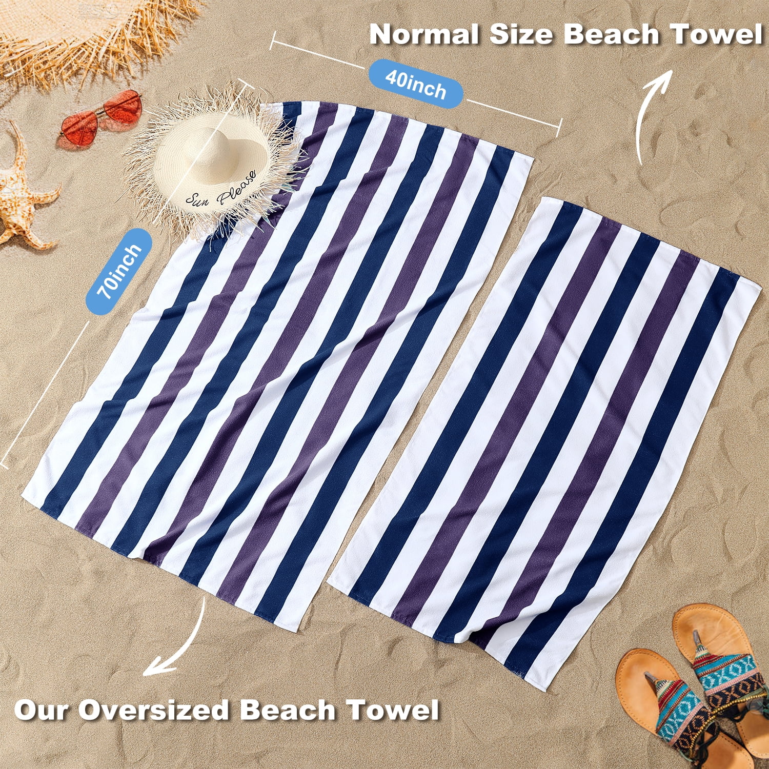 Jessy Home 4 Pack Navy Blue Purple Oversized Beach Towel Set, 40"x70" Striped Beach Towels Super Absorbent Towels for Beach, Pool