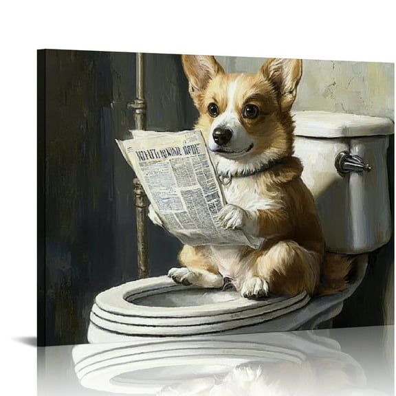 Patifu Corgi Decor Bathroom Wall Art Funny Dog Pictures Wall Decor Toilet Canvas Bathroom Prints Painting Corgi  Artwork for Bathroom Living Room Bedroom  20x16in
