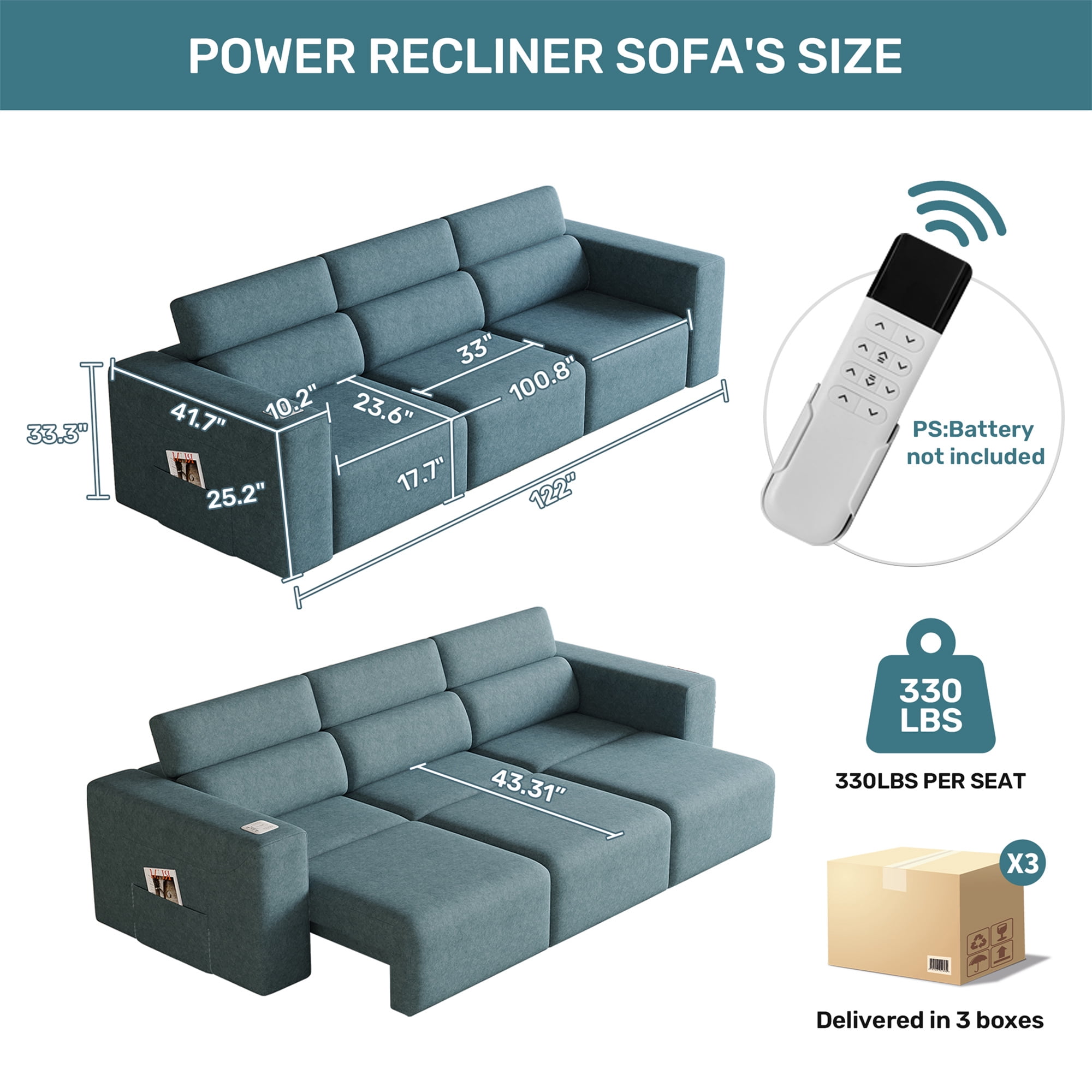 124" Convertible Power Recliner Sleeper Sofa with Adjustable Headrests, PU Leather 3-Seat Couch with Bluetooth Speakers, Wireless Charging, USB/Type-C & Night Light, Waterproof Faux Leather, Blue