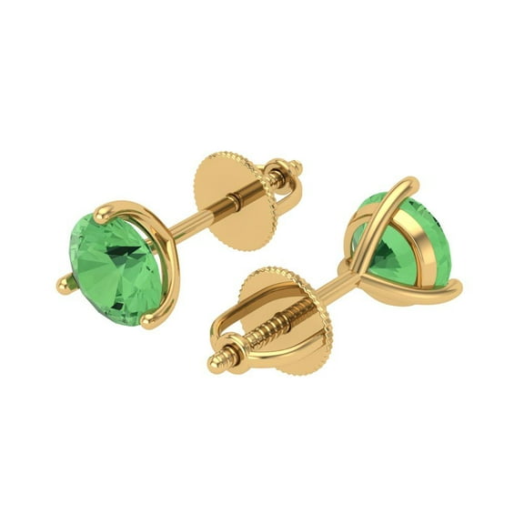 2 Ct Round Cut Studs Green Crystal 14K Yellow Solid Gold Everyday Dainty Earrings Screw Back