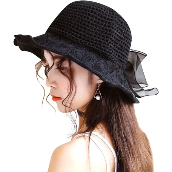 YooGuoGuo Women Girls Bow Bucket Hat Hollow Breathable Sun Visor Hat Hand-Woven Wide Brim Fisherman Cap Crochet Crown Beach Sun Hats