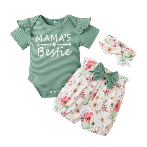 Dooleck Baby Girls Clothes Summer Outfits for Toddler Girl Mamas Bestie Ribbed Romper Floral Shorts Set