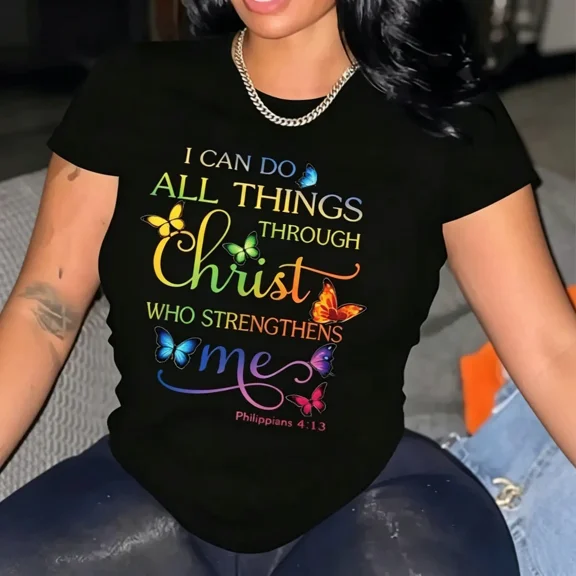 Vintage Rainbow Christian Butterfly Graphic T-Shirt, Colorful Faith Scripture Aesthetic Church Wear Casual Daily Short Sleeve Top