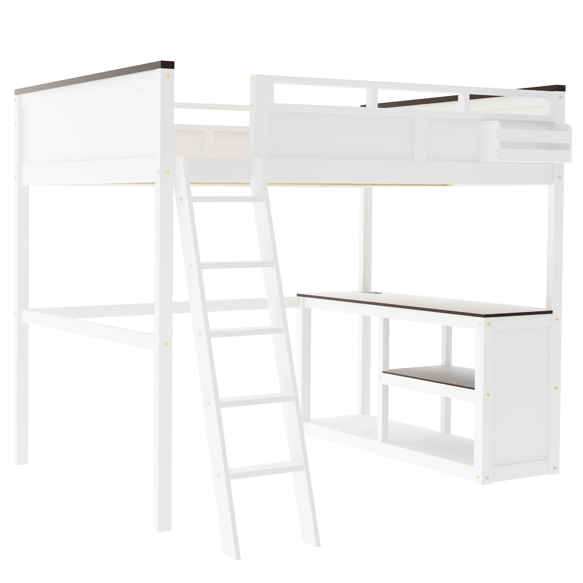 Euroco Solid Wood Queen Size Loft Bed with Built-in Desk & Shelves, USB Charging Station – Space-Saving Study Bed for Adults & Teens