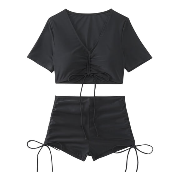 Women's Casual Bikinis Bathing Suits Short Sleeve Tops Boy Shorts Soft Stretch Breathable Lightweight Comfortable Beach Swimwear Sets Two Piece Swimsuits