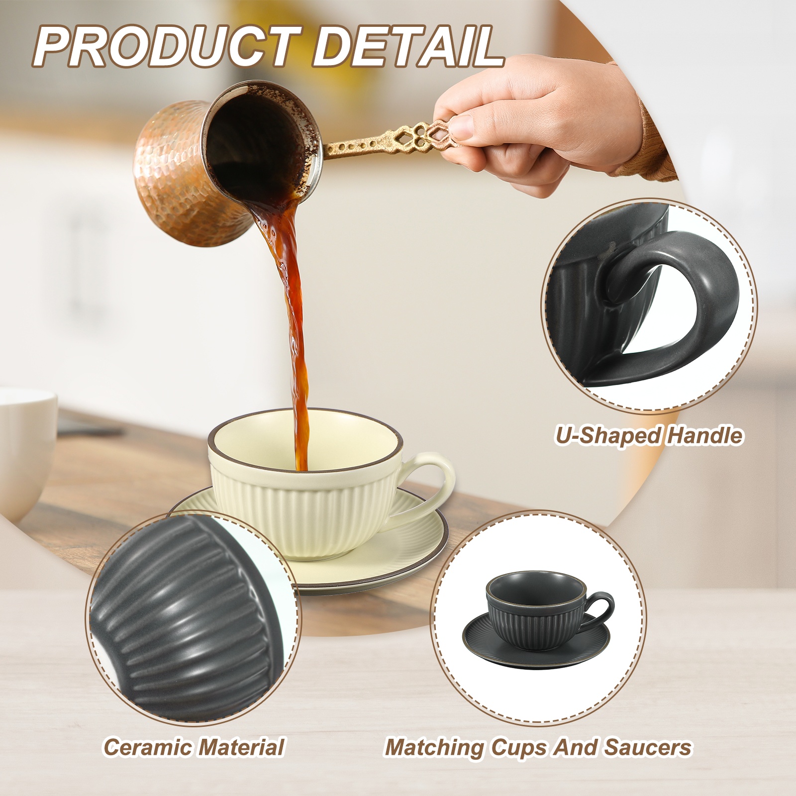 Uxcell Handmade Vintage Espresso Cups, 9.5 oz Stripe Coffee Cups and Saucers Ceramic Tea Cup with Handle Dishwasher and Microwave Safe for Latte Cappuccino Milk Office Home Gifts, Gray Blue