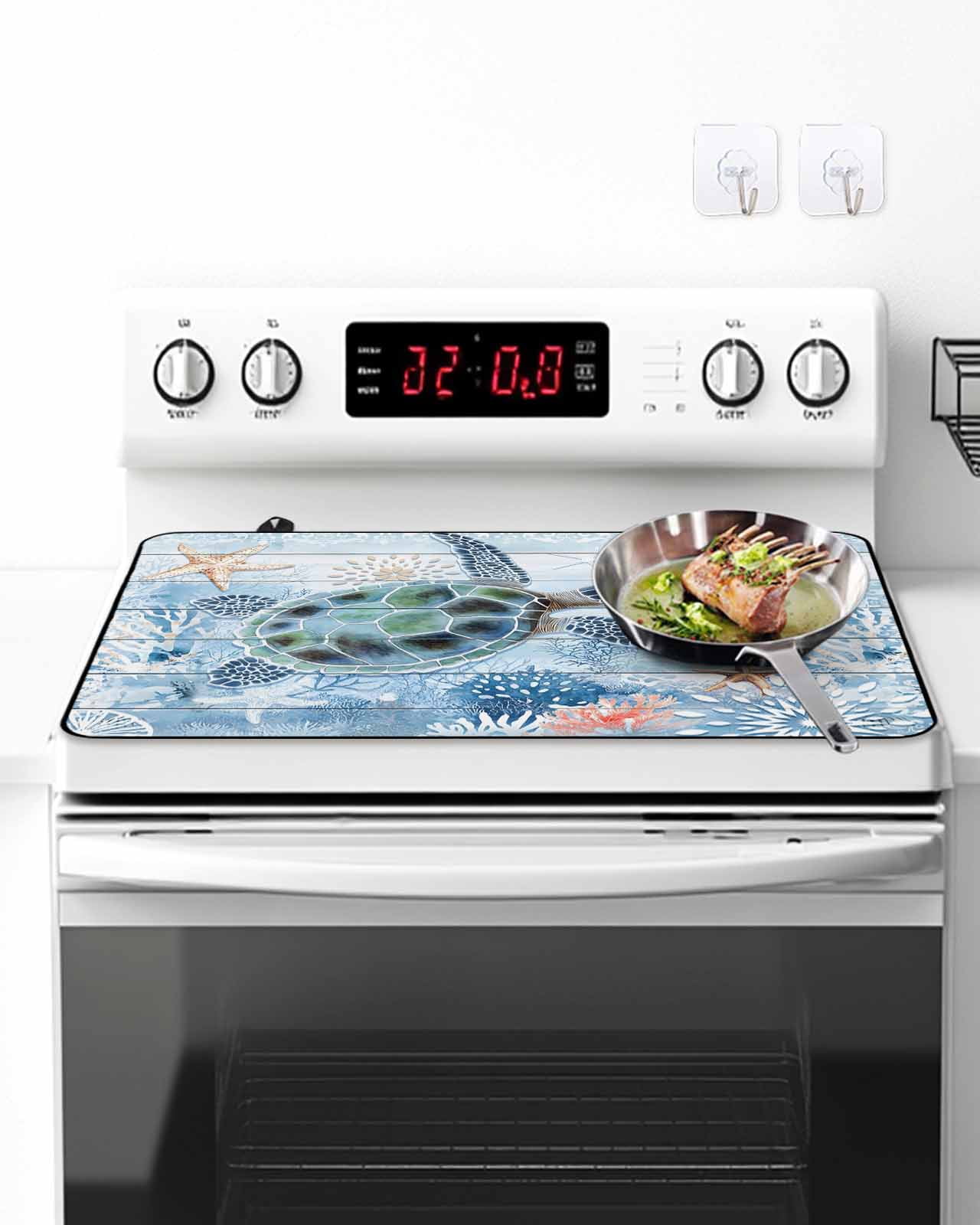 Stove Top Covers for Electric Stove, Ocean Turtle Glass Stovetop Cover Protector, Blue Coral Coastal Starfish Nautical Shell Induction Cooktop Protector Oven Mat for Kitchen Countertop 24"x21"