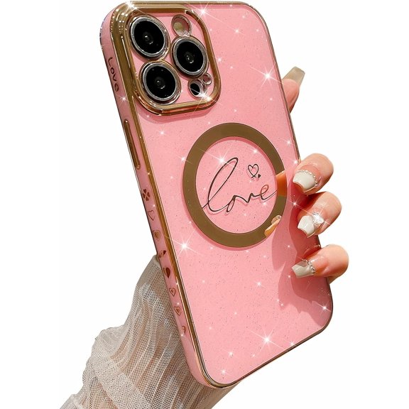 Compatible with iPhone 13 Pro Max Magnetic Glitter Case 6.7 Inch, Luxury Love Heart Pattern Plating Case, Compatible with MagSafe for Women Girls Shockproof Back Cover-Pink