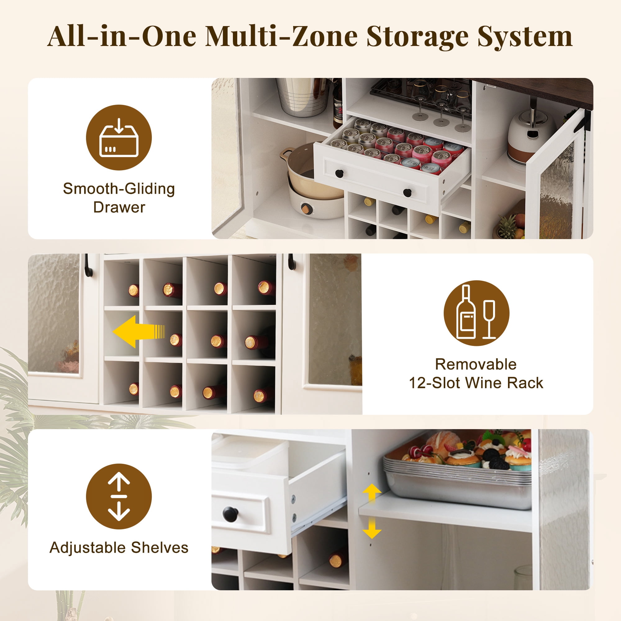 Euroco Coffee Bar Cabinet with Drop Leaf, Liquor Wine Bar Cabinet with LED Lights,Glass Doors,12 Wine Racks,1 Drawer & Open Shelf,Farmhouse Kitchen Cabinet for Dining Room,Walnut+White