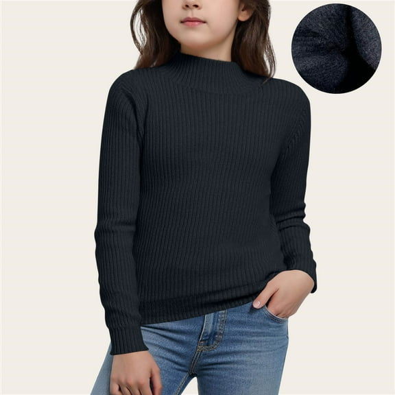 fnnxnal Big Girls Cotton Knit Sweater, 7T Black, Mock Neck Ribbed - Soft Durable, Fall Daily Wear, Gentle on Sensitive Skin, Breathable