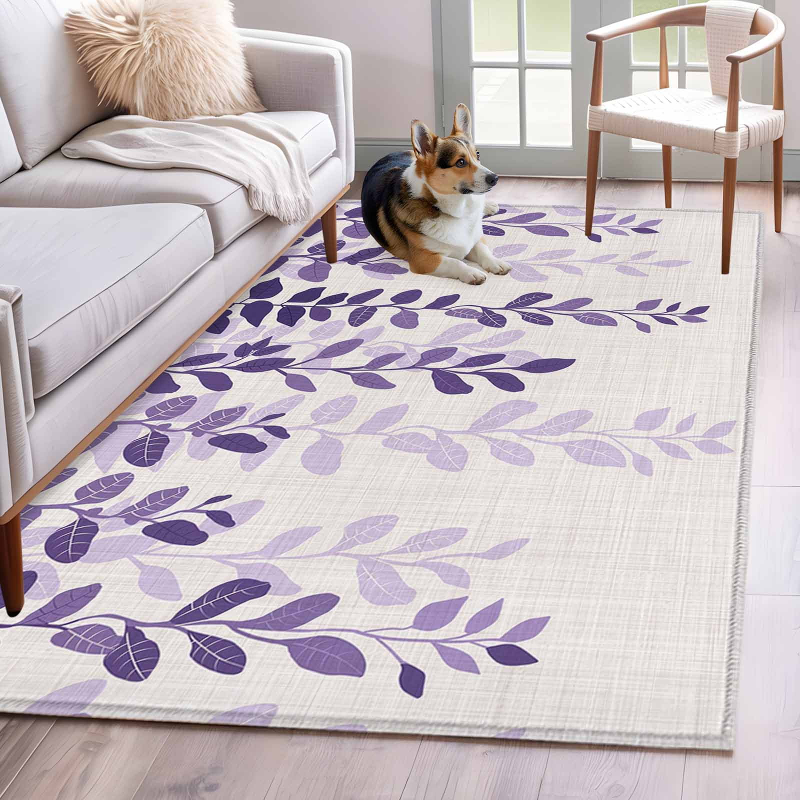 2.7 x5 Area Rugs Purple Ombre Botanical Indoor Outdoor Area Rug for Living Room Bedroom Watercolor Pastoral Leaf Farmhouse Washable Bathroom Rugs Kitchen Floor Carpet Mats Home Decor Aesthetic