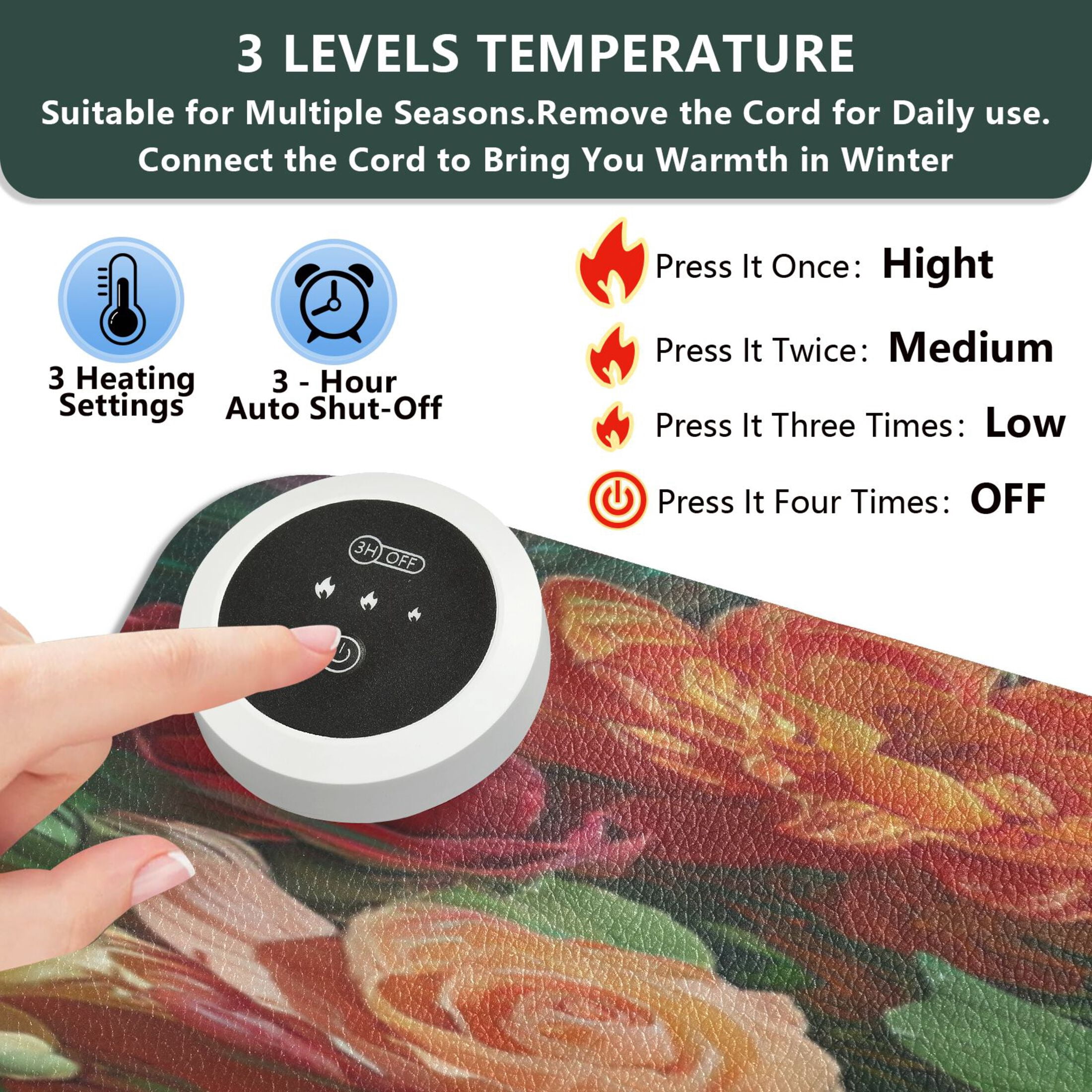 Large Heated Desk Mat Mouse Pad 31.5"x13"PU Leather Graphene Heating Desk Warmer with 3 Temperature Settings 110V US Plug Non-Slip Warm Pad for Home, Office, and Gaming Beautiful Flowers Of Colors