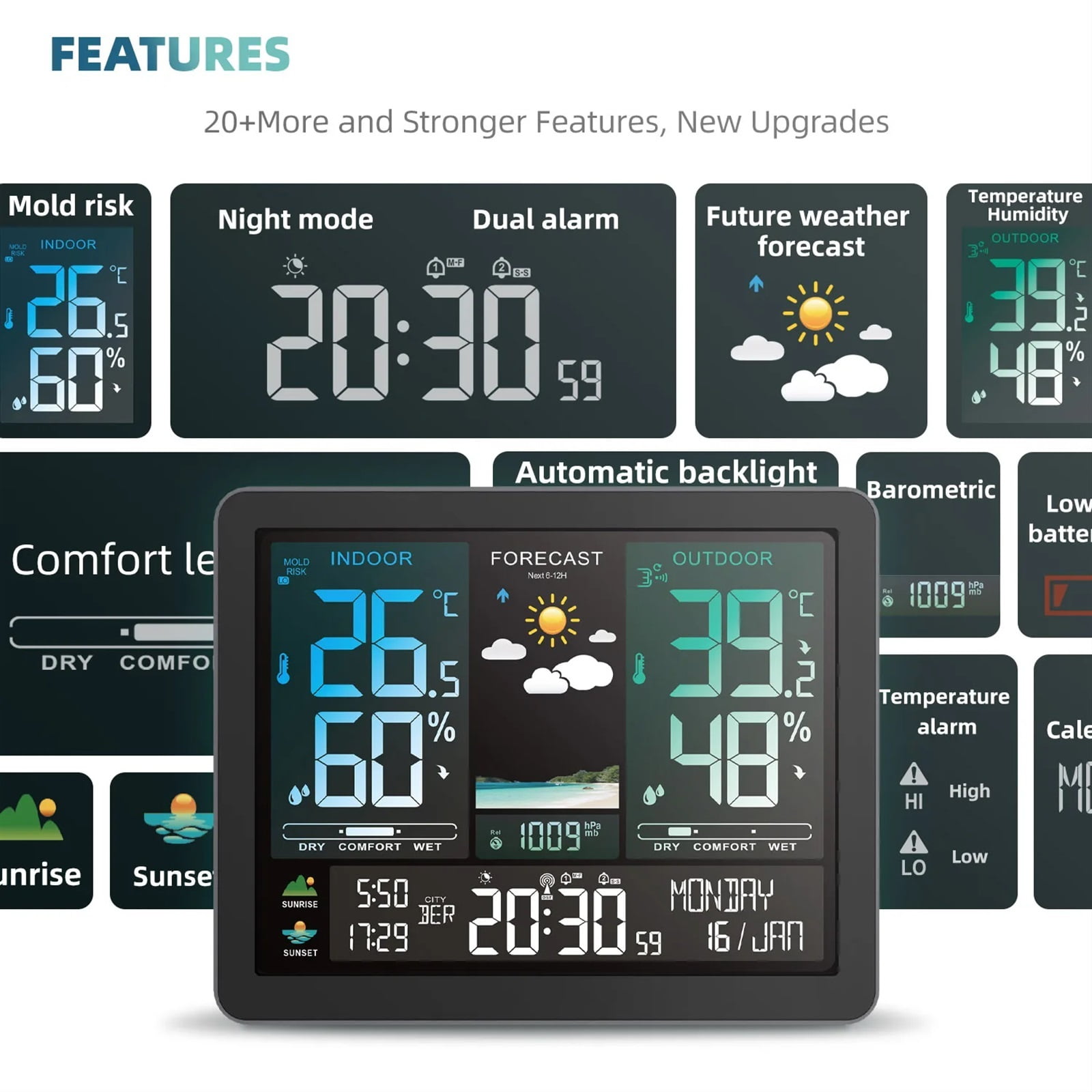 Digital Weather Station Temperature Humidity Meter Barometric Pressure Moon Phase Weather Forecast Hygrothermograph Clock
