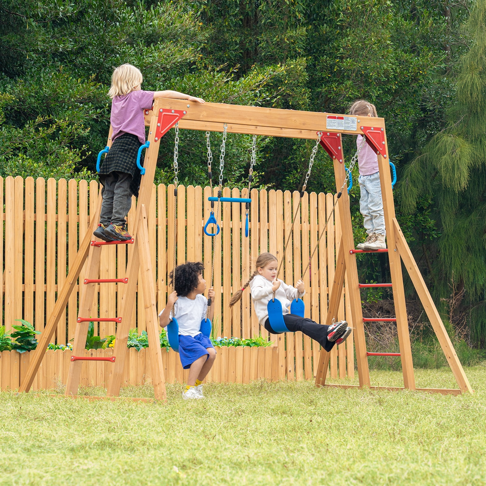 DOLPHIN PLAYGROUND Cedar Wood Swing Set with Monkey Bars, Trapeze
