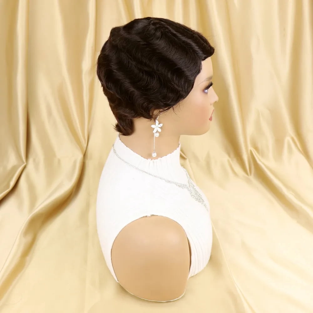 Short Pixie Cut Wigs for Black Women Mommy Brazilian Finger Ocean Wave Full Machine Made Remy Human Hair Cheap Wig for Party Dark Brown Color