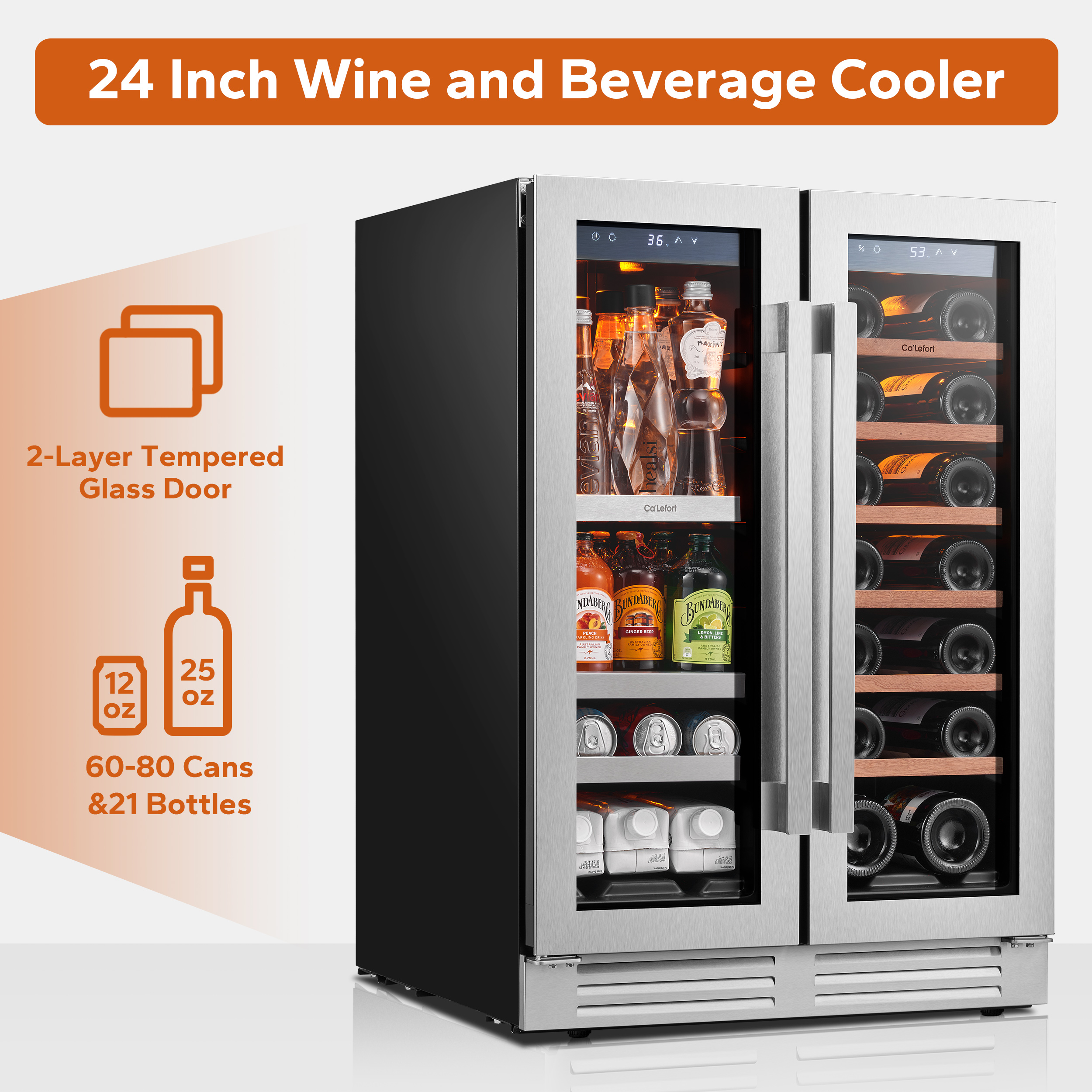 Ca'Lefort Wine Cooler Beverage Refrigerator, Hold 160 Cans and 40 Bottles Dual Zone Wine Fridge Freestanding & Built-in with Stainless Steel frame for Kitchen Office