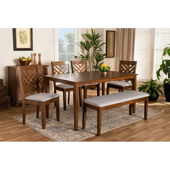 Baxton Studio Gustavo Modern and Contemporary Grey Fabric Upholstered and Walnut Brown Finished Wood 6-Piece Dining Set
