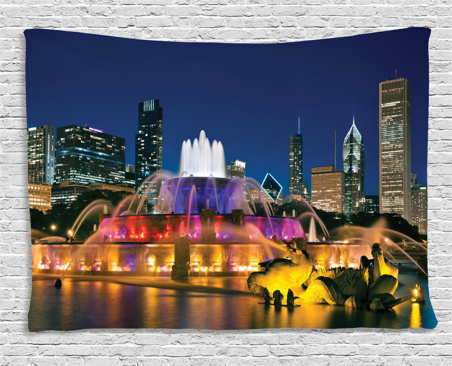 Chicago Skyline Tapestry Buckingham Fountain Landmark In The Center Of Chicago Skyline Tapestry Buckingham Fountain Landmark In The Center Of