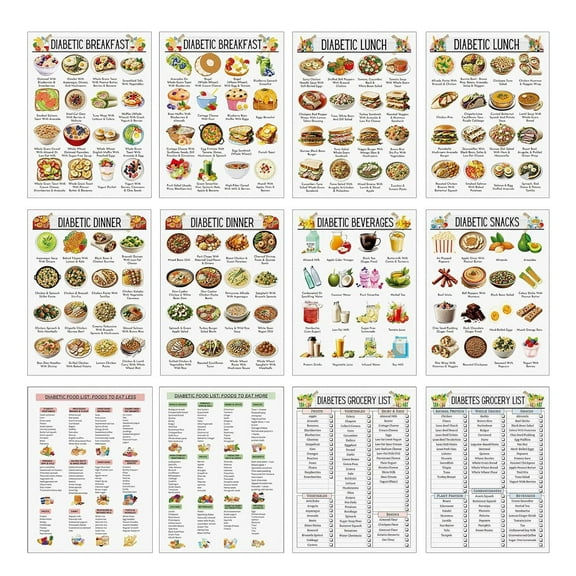 12-Piece Diabetic Meal & Carb List Chart Set, Diet Plan Reference for Blood Sugar Control And Nutrition Tracking White