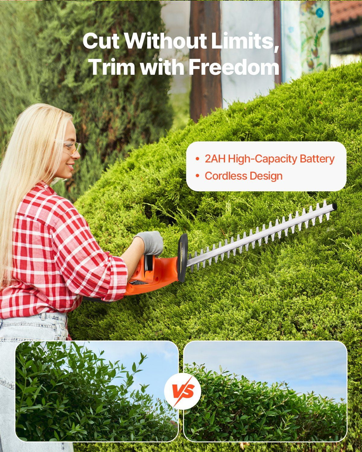 Cordless Electric Hedge Trimmer 20V 2A Battery 20 Inch Dual Action Blade 1200 RPM for Low Branch Yard Lawn Care