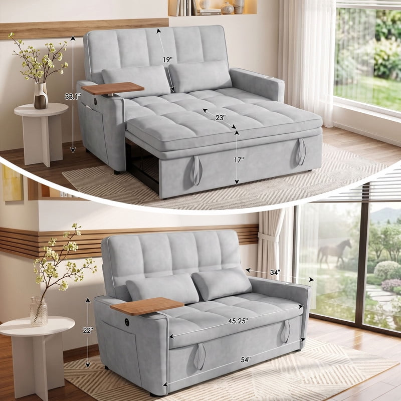 Anpport 3‑in‑1 Convertible Sleeper Sofa Bed, Pull‑Out Sofa with Side Desk, USB Ports, Cup Holders, Storage Armrests & Adjustable Backrest for Living Room Apartment, Light Gray