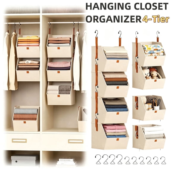 DIMJ Beige Hanging Closet Organizer,4 Tier Fabric Storage Bins Clothes Hanging Shelves, Space-Saving Closet System,Fabric Storage Bins Bedroom Organization