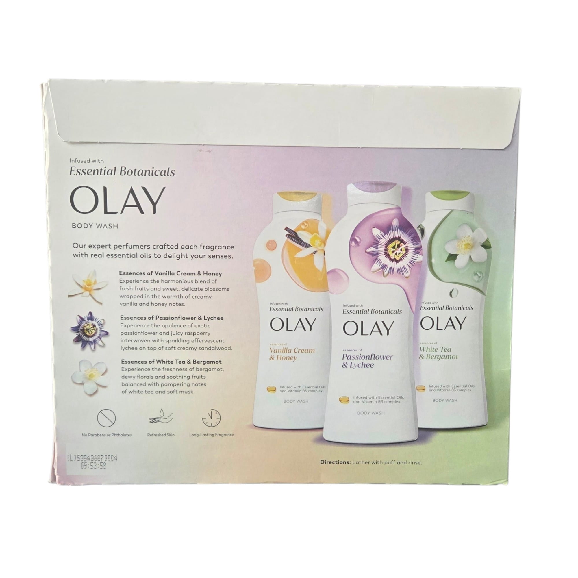 Olay Essential Botanicals Body Wash Variety Pack, Vanilla Cream & Honey, Passionflower & Lychee, White Tea & Bergamot, 23.6 fl oz Each, 3 Pack